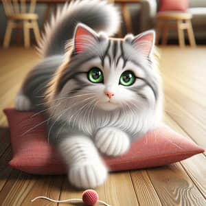 Adorable Cat with White and Grey Fur on Red Cushion