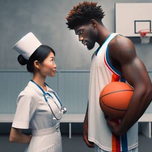 Diverse Encounter: Nurse and Basketball Player's Thoughtful Moment