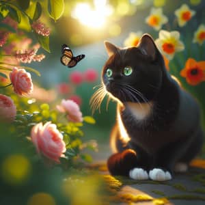 Black Domestic Shorthair Cat in Serene Garden with Flowers