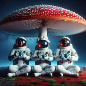 Peaceful Astronauts Sipping Tea Under Red Mushroom Cap