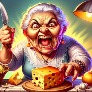 Funny Cartoon of Angry Grandmother with Cheese