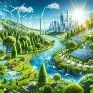 Sustainable World: Green Forest, River, Wind Turbines & Eco Activities
