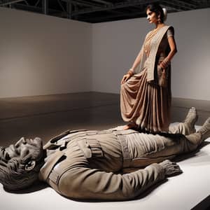 South-Asian Woman Standing on Sculpture of Lying Man