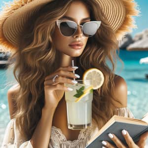 Attractive Woman Enjoying Summer by the Beach with Lemonade