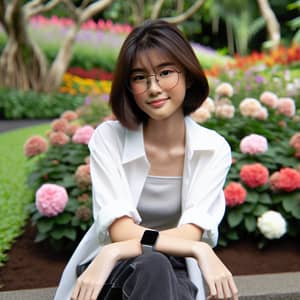 Asian Teenage Girl in White Shirt & Black Pants | Spectacles | Garden of Flowers