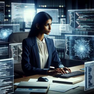Professional South Asian Woman in Data Analytics Workspace Wallpaper