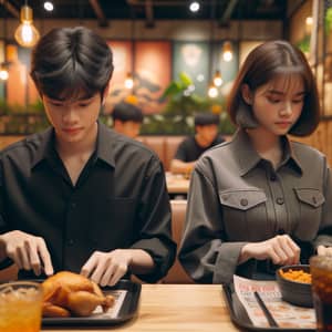 Casual Dining Scene with East Asian Boy and Girl Eating at Chicken Restaurant