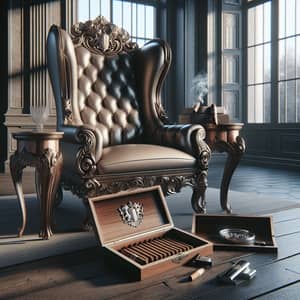 Luxurious High Back Accent Chair & Elegant Table with Cigar Accessories