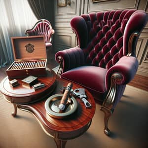 Luxurious Royal Velvet High Back Accent Chair & Wooden Table with Cigar Accessories