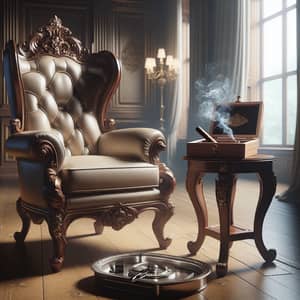 Regal High Back Chair & Wooden Table with Cigar Box in Dim-Lighted Room
