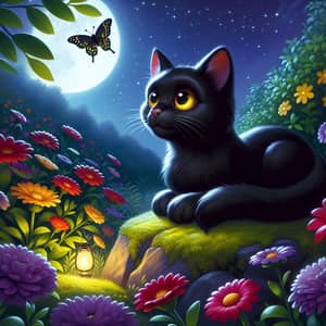 Black Cat in Moonlit Garden - Enchanting Scene with Flowers and Stars