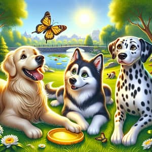Heartwarming Scene of Golden Retriever, Siberian Husky & Dalmatian Dogs in a Park