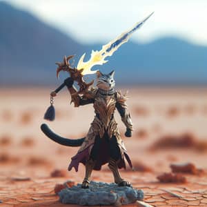 Warrior Feline on Barren Desert Landscape with Energy Blade
