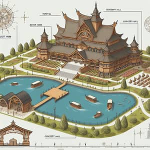 Tourist Farm Map: Rustic Hotel, Serene Lake, Concert Hall & Attractions