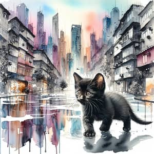 Black Kitten Exploring Watercolor Cityscape