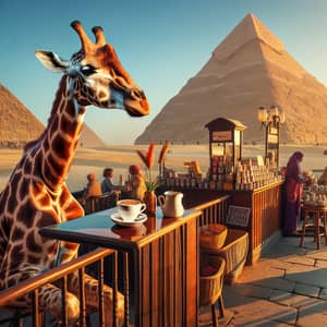 Giraffe Sipping Coffee at Giza Pyramids | Cozy Cafe Scene