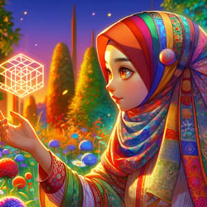 Realistic Middle-Eastern Girl in Hijab Reaching for Glowing Geometric Figure