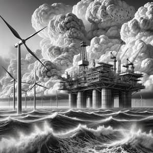 Sea Oil Drilling Platform with Wind Turbine | High Contrast Scene