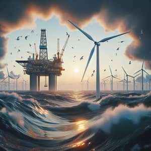 Offshore Oil Drill Platform and Wind Turbine at Sea