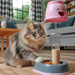 Cat Interacting with Pet Feeder in Living Room