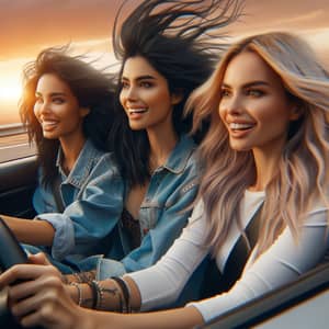 Diverse Girls Driving in Sports Car at Sunset