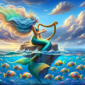 Serenading Mermaid with Aquamarine Hair and Rainbow-colored Fish