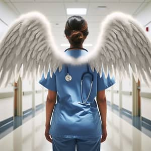 Hispanic Female Nurse with Angel Wings in Hospital Setting