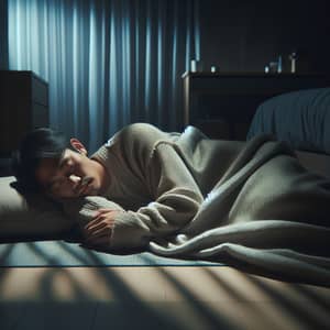 Tranquil Asian Man Sleeping in Dimly Lit Room at Night