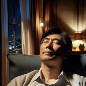 Asian Man Sleeping at Night | Peaceful Nap in Dimly Lit Room