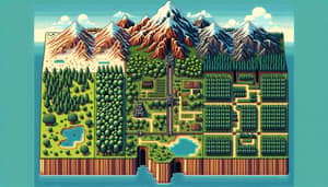 64 Bit Pixelated Adventure Map: Plain, Forest, Mountains, Castle, Mine