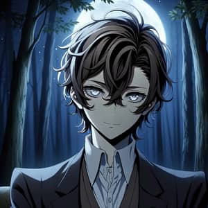 Male Anime Character in Dark Suit and Messy Hair | Nighttime Forest Setting