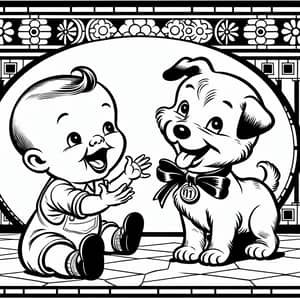Vintage Black & White Kids Coloring Model Sheet - Joyful Baby & Dog