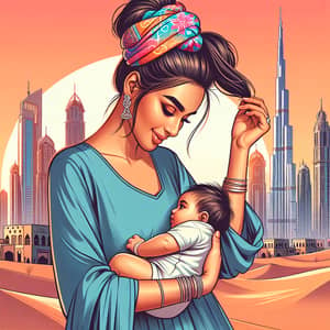 South Asian Woman Tying Hair with Baby in Dubai