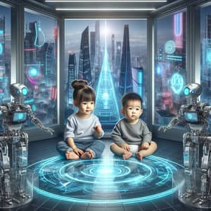 Future Kids: Asian Baby Boy & Caucasian Baby Girl in High-Tech Environment