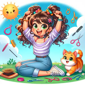 Hispanic Girl Cartoon: Hairstyle Fun with Kitten on Sunny Lawn