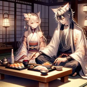 Romantic Dinner with Female Character with Bangs and Male Character with Cat Ears