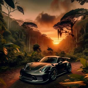 Matte Black Porsche 911 GT3 Parked in Amazon Forest | Sunset Scene