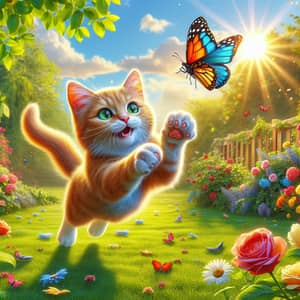 Playful Domestic Cat Chasing Colorful Butterfly in Sunlit Garden