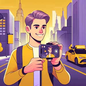 Animated Man Filming Video for Social Networks in Yellow and Purple City Scene