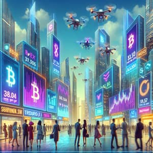 Futuristic Cityscape with Real-Time Cryptocurrency Exchange Rates