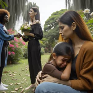 Emotional Scene of Women Comforting Children in Lush Park
