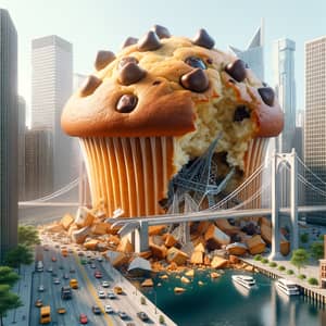 Giant Muffin Devours Cityscape in Quirky Scene