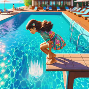 Vibrant Summer Pool Scene with South Asian Girl Ready to Dive