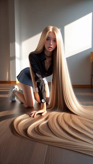 Fair Skinned Caucasian Teen with Rapunzel Blonde Hair on Knees