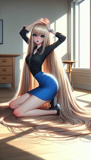 Long Blonde Hair Teenage Girl in Sunlit Room