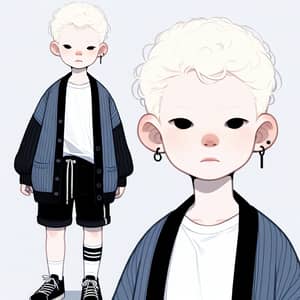 Albino Boy in Black Shorts, White Tee-Shirt, Blue Sweater