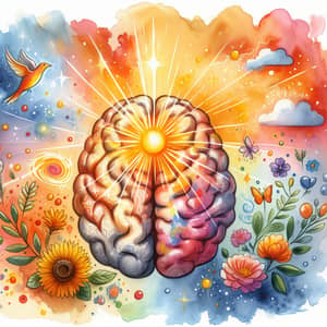 Positive Mindset Watercolor Painting - Bright Brain and Symbolic Elements