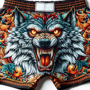Vibrant Muay Thai Trunks with Intricate Wolf Design