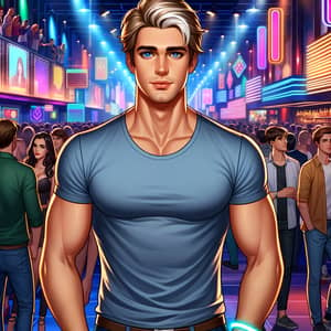 Muscular 23-Year-Old Caucasian Man in Neon-Lit Nightclub