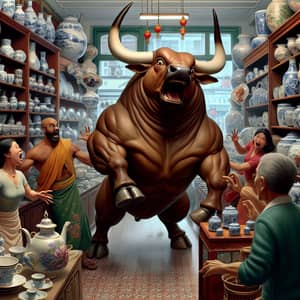 Lively Chinashop with Cultural Artifacts & Comical Bull